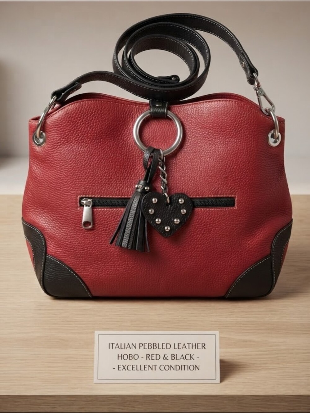 VERA PELLE Italian Pebbled Leather Red Hobo Bag w/ Black Trim, Tassel, Heart
